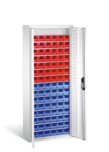 Schrank Mit Kästen, HxBxT 1690x700x300mm, 14xStahlboden, 90 Kästen, Zyl.-Schl., Korpus RAL7035, Front RAL7035