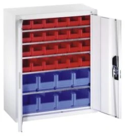 Schrank Mit Kästen, HxBxT 830x700x300mm, 5xStahlboden, 32 Kästen, Zyl.-Schl., Korpus RAL7035, Front RAL7035