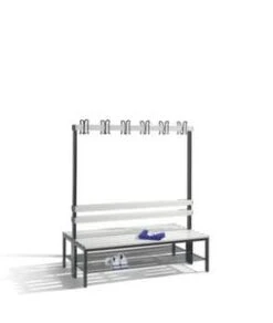 Doppelsitzbank, HxLxT 1650x1500x756mm, Holzleisten, Gestell Schwarzgrau, Kleiderhaken, Schuhrost 13 Doppelsitzbank, HxLxT 1650x1500x756mm, Holzleisten, Gestell Schwarzgrau, Kleiderhaken, Schuhrost -Lagermöbel 727a5316 7f28 41f8 85cf 3d41c02ec4c2 1