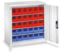 Schrank Mit Kästen, HxBxT 830x700x300mm, 4xStahlboden, 30 Kästen, Zyl.-Schl., Korpus RAL7035, Front RAL7035