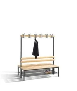 Doppelsitzbank, HxLxT 1650x1500x756mm, Holzleisten, Gestell Schwarzgrau, Kleiderhaken, Schuhrost