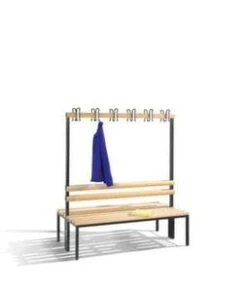 Doppelsitzbank, HxLxT 1650x1500x756mm, Holzleisten, Gestell Schwarzgrau, Kleiderhaken