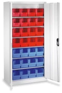 Schrank Mit Kästen, HxBxT 1980x1000x420mm, 6xStahlboden, 28 Kästen, Zyl.-Schl., Korpus RAL7035, Front RAL7035