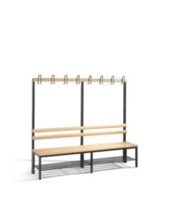 Umkleidebank, HxLxT 1650x2000x400mm, Holzleisten, Gestell Schwarzgrau, Kleiderhaken, Schuhrost