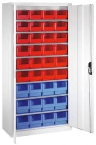 Schrank Mit Kästen, HxBxT 1980x1000x420mm, 8xStahlboden, 36 Kästen, Zyl.-Schl., Korpus RAL7035, Front RAL7035