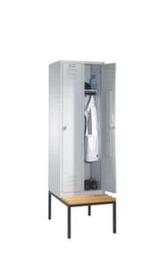 Sitzbankschrank, RAL7035, HxBxT 2090x610x500mm, 2 Abt., Abt. B 300mm, Untergeb. Sitzbank, Holz, Drehriegel, Fußgestell